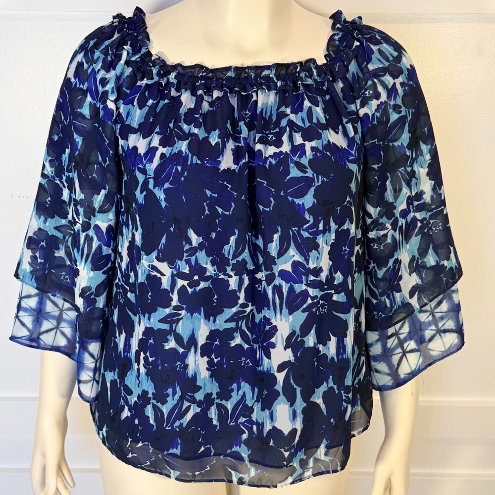 INC International Concepts Peasant Top Blouse Women's L Floral Ruffle Square Nek